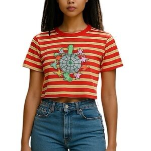 A•Lab XS Quinnie Red Stripe Cropped Globe Alien Graphic Tshirt  Streetwear